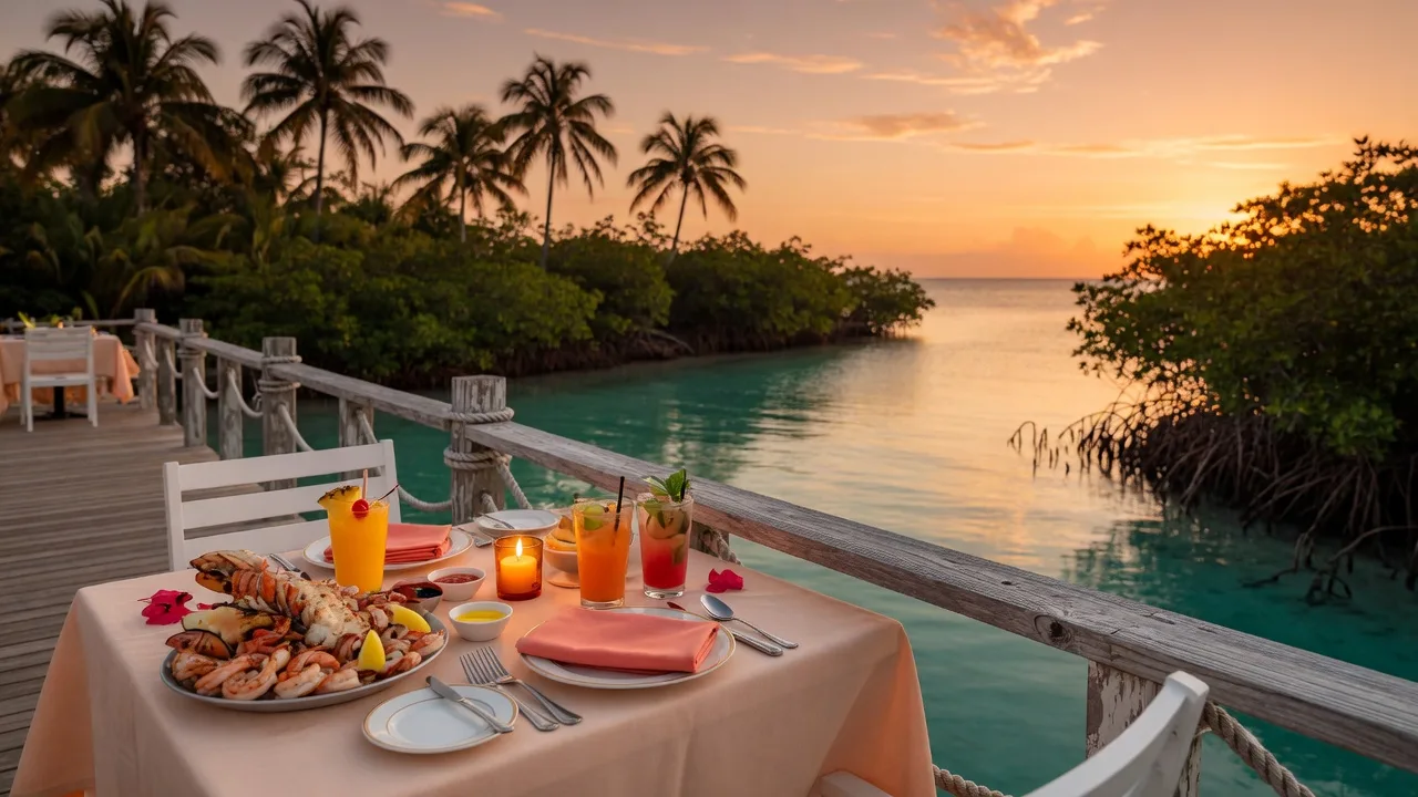 Outdoor waterfront dining table on a wooden deck in Key Largo with fresh seafood, tropical cocktails, and turquoise water at golden hour