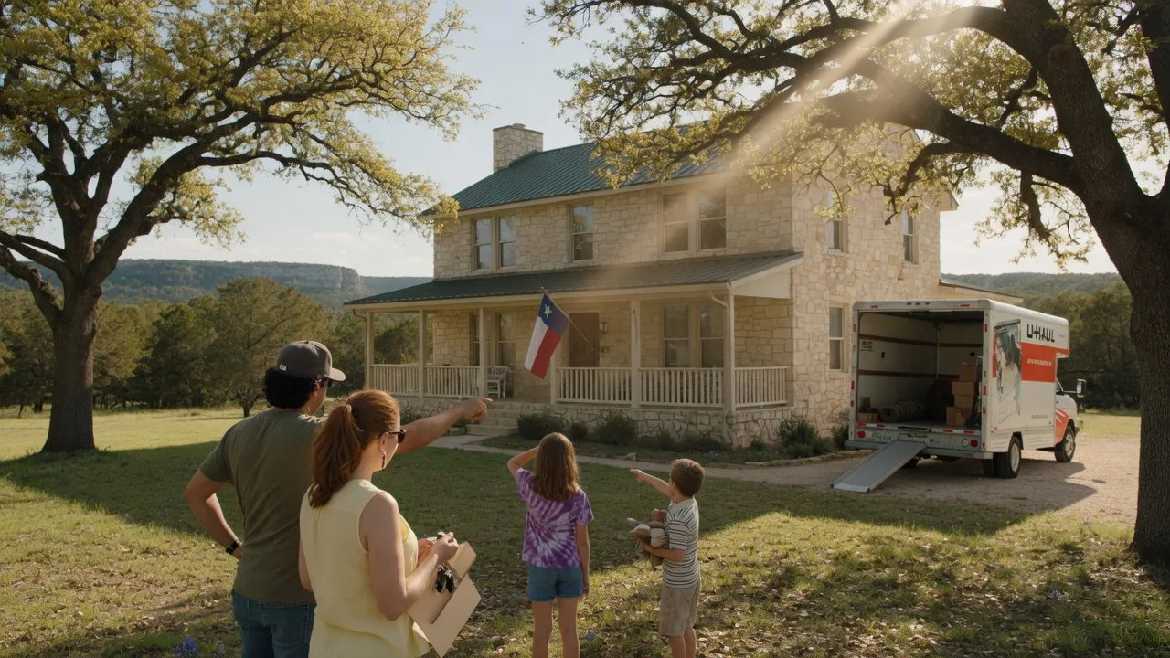 California family arriving at their new Texas Hill Country home with a moving truck in the driveway, live oak trees framing a limestone house