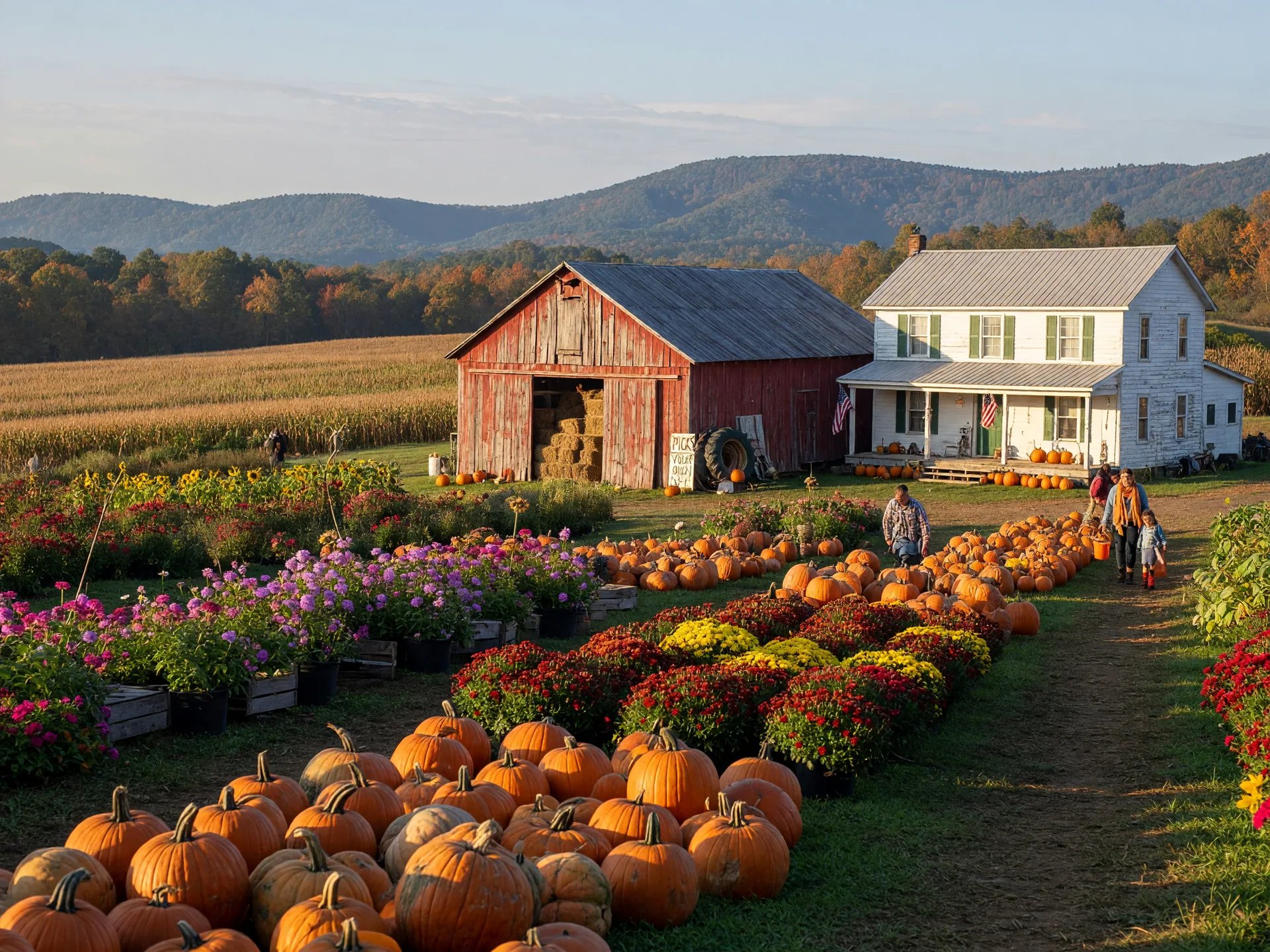 Rows of pumpkins and mums in front of a weathered red barn and farmhouse on a sunny October morning in the Georgia foothills