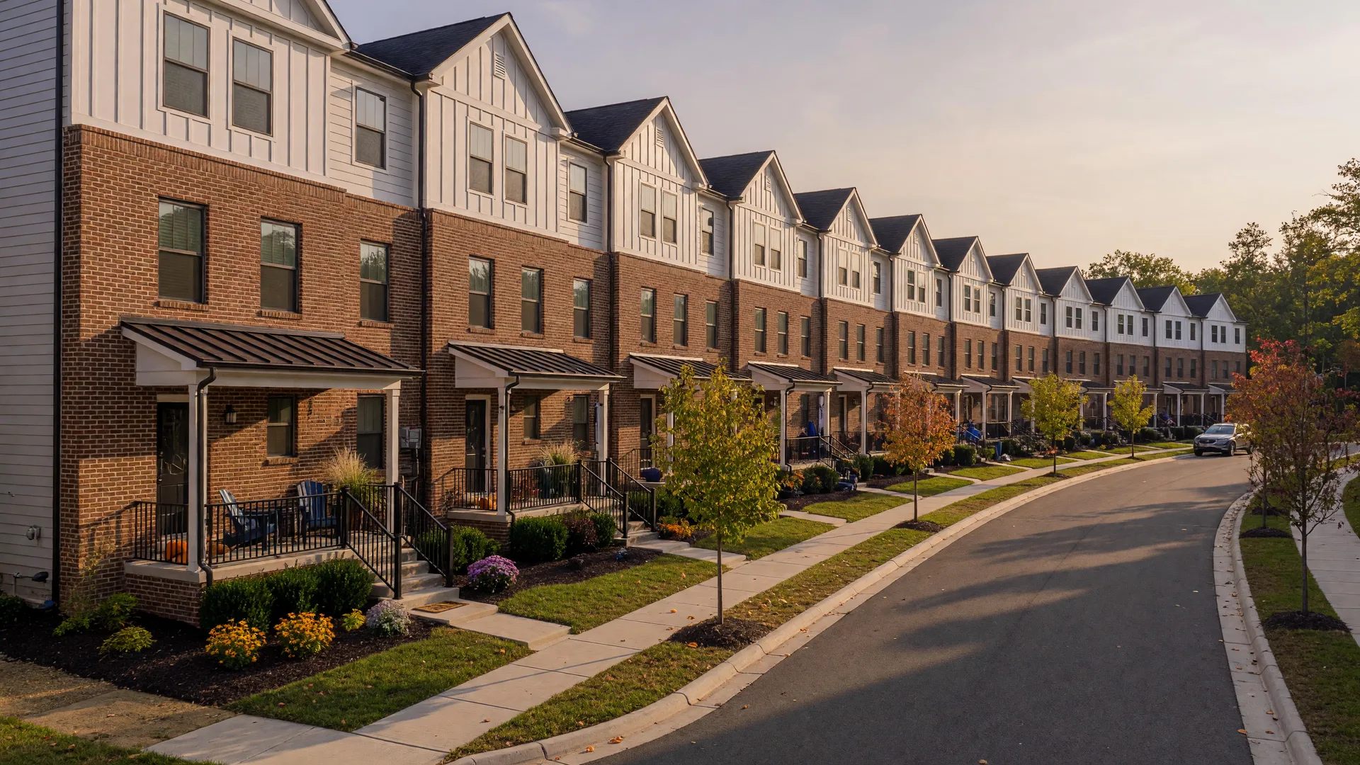 A tidy row of modern three-story townhomes in a Northern Virginia community at golden hour