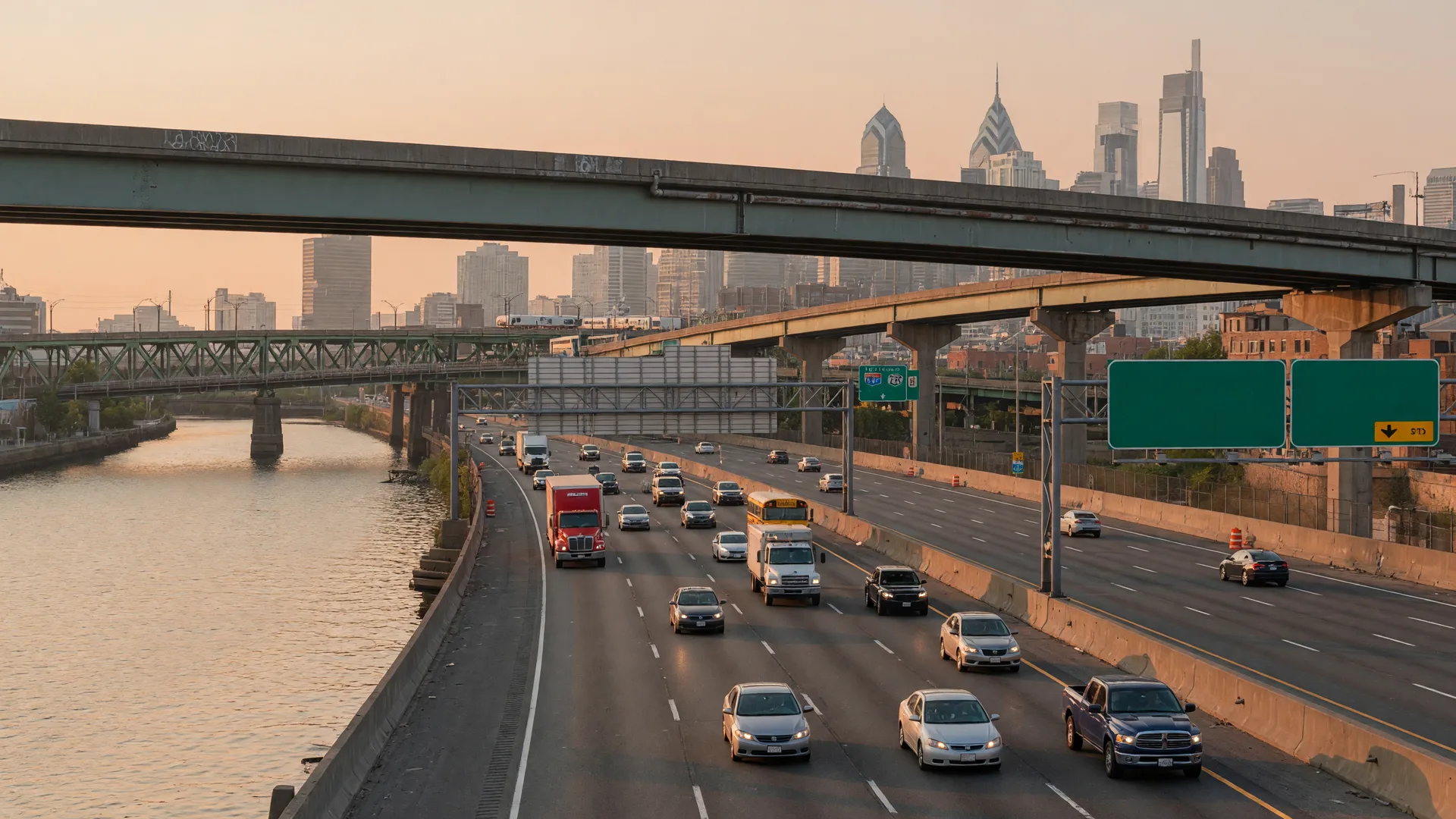 Schuylkill Expressway I-76 with multilane traffic and directional signs near Ardmore