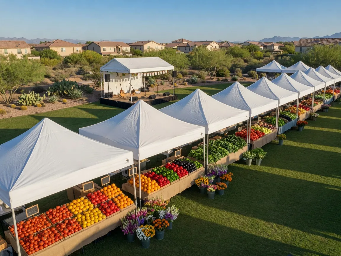 Open-air farmers market with white tents on a community green near Avondale
