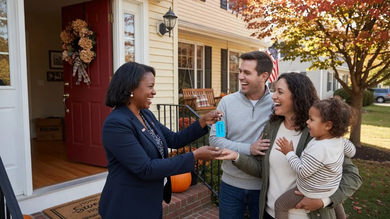 A family receiving keys to their new home, representing a successful simultaneous buy-and-sell transition