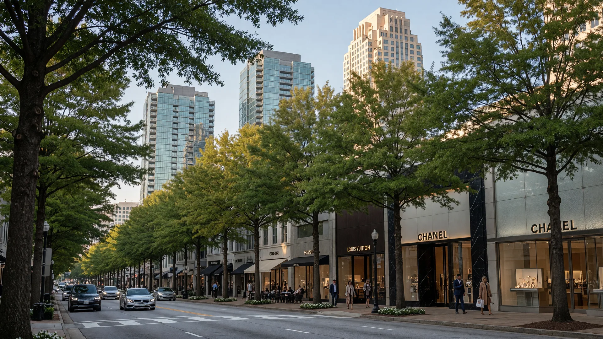 A tree-lined stretch of Peachtree Road in Buckhead with upscale shops and glass towers
