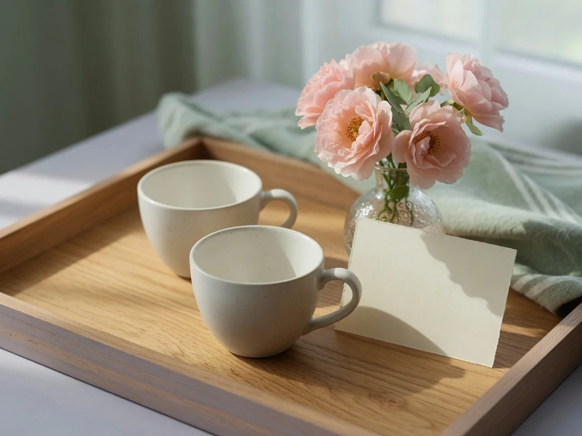 Two ceramic teacups on a wooden tray with a small vase of blush roses and a cream note card in soft window light