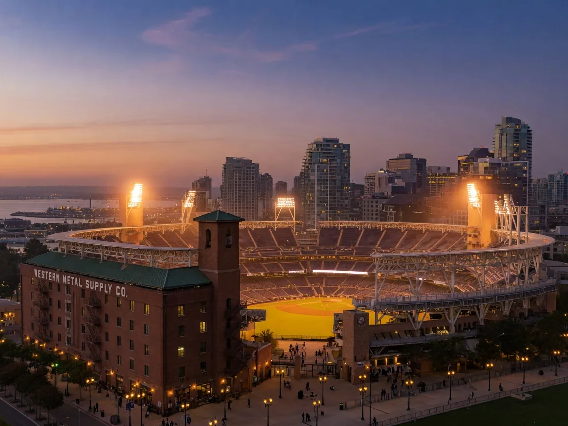 Petco Park in downtown San Diego glowing at dusk with the city skyline behind the ballpark