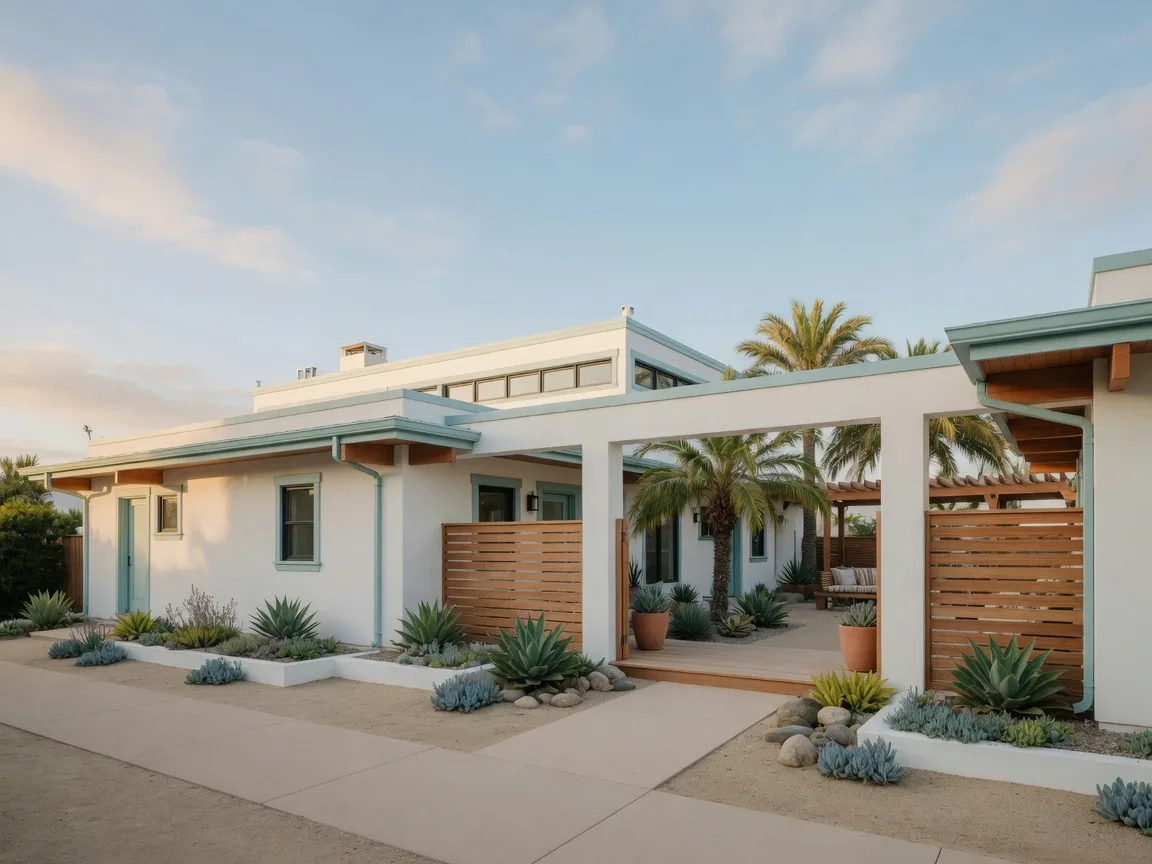 Modern coastal home in San Diego County with white stucco and warm wood accents