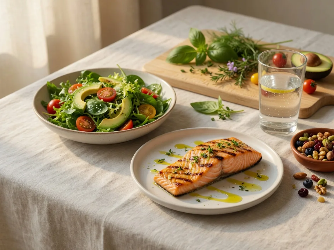 A heart-healthy Mediterranean meal with greens, salmon, nuts and berries on a linen tablecloth