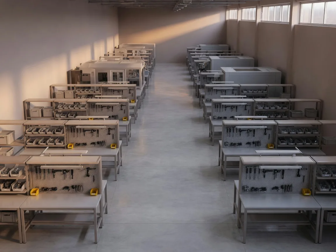 An orderly modern manufacturing floor seen from a quiet elevated vantage