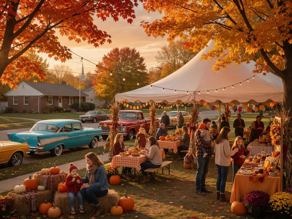 Autumn festival in a Dayton suburb with families, tents, classic cars, fall decorations and pumpkins in golden afternoon light