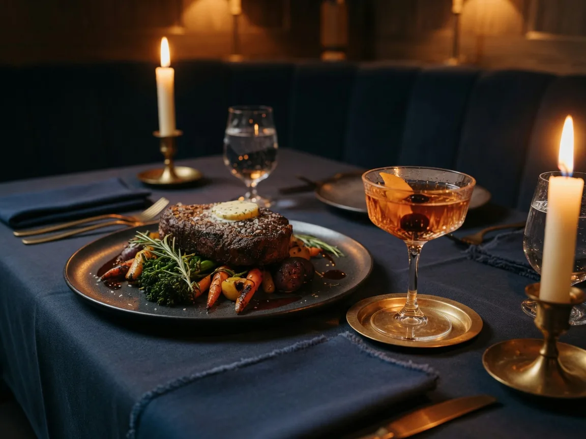 Elegant dinner setting with candlelight and craft cocktails at an upscale Canyon County restaurant