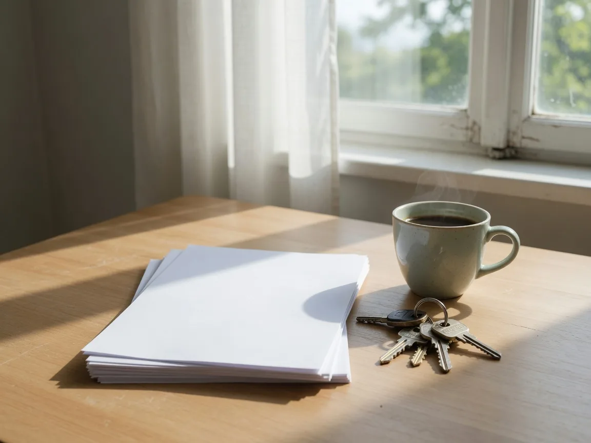 Blank documents,house keys,and a cup of coffee on a wooden table beside a bright window