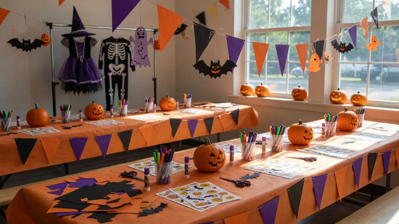 A kids' Halloween craft table decorated with pumpkins, paper bats, and orange and purple bunting at a bright community event