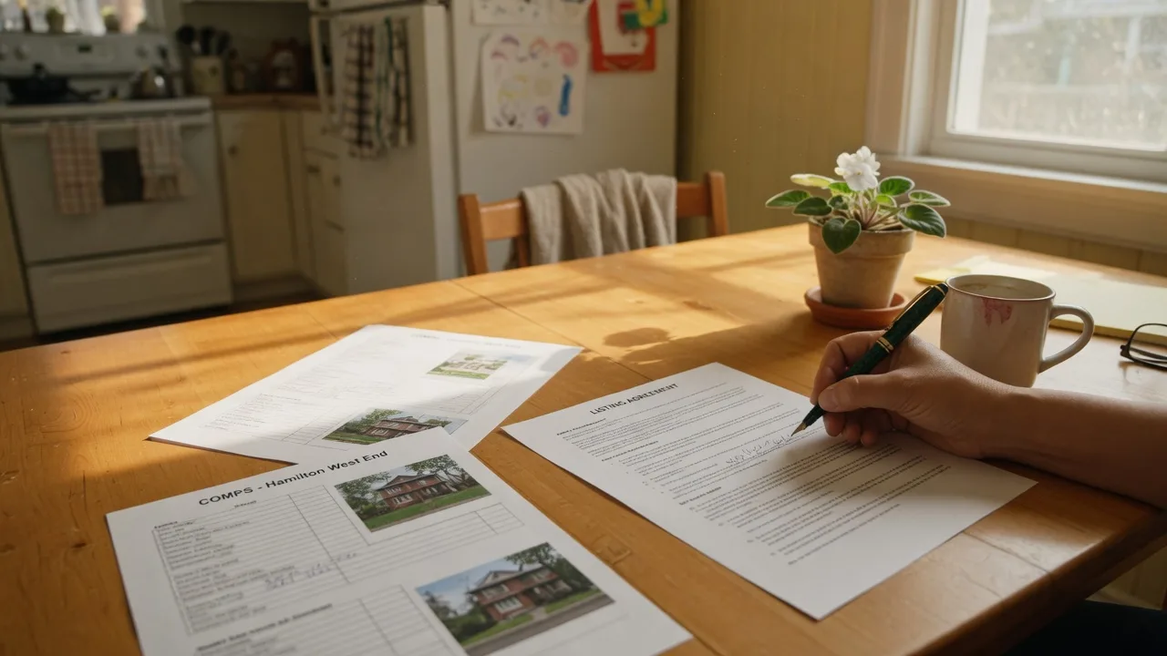 A hand signing a real estate listing agreement at a bright kitchen table in a Hamilton Ontario family home with comparable-sales sheets nearby
