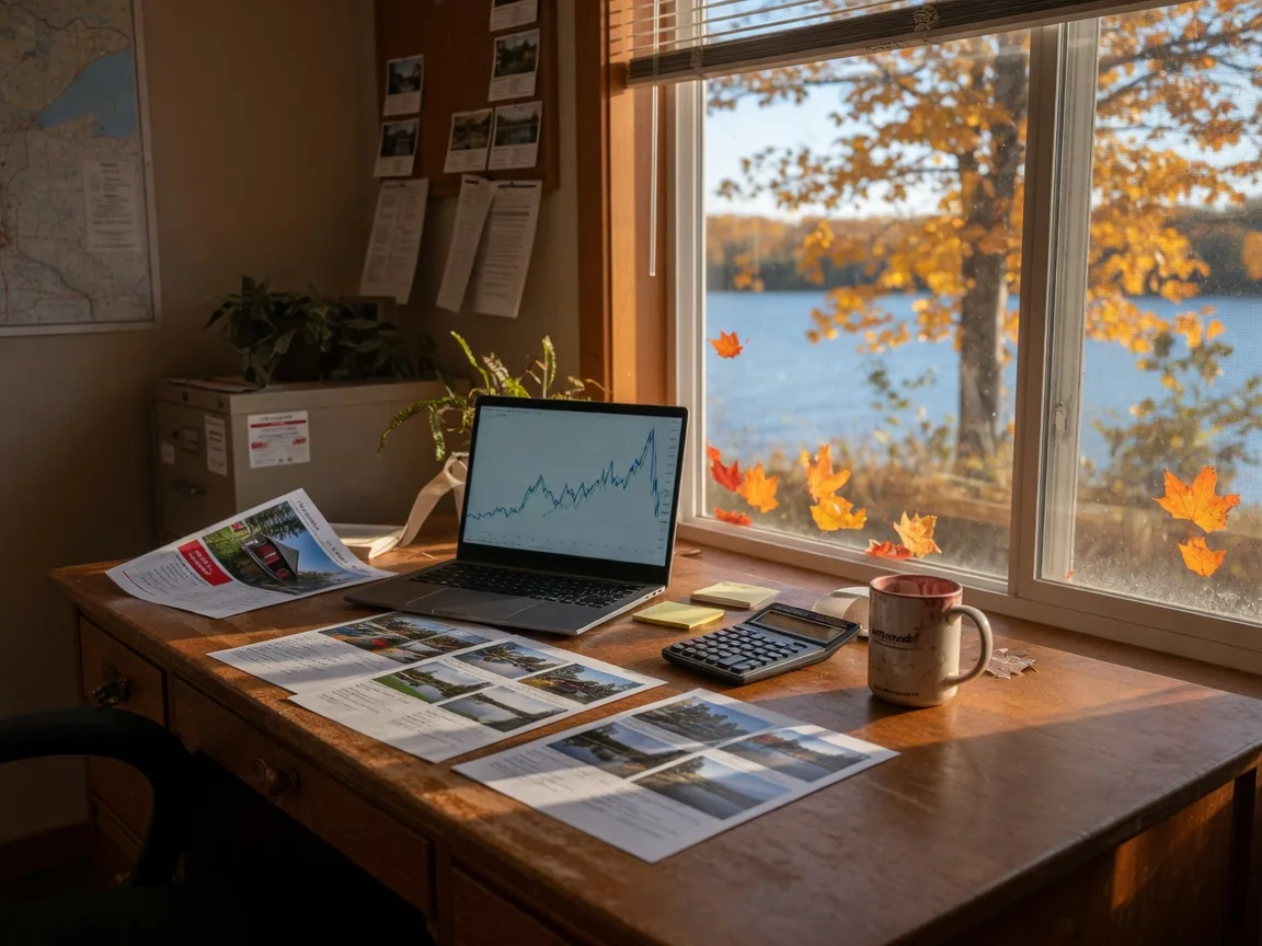 A real estate desk in northern Minnesota in October with a market chart on a laptop, printed lake-property listing sheets, a calculator, and a coffee mug in warm autumn light