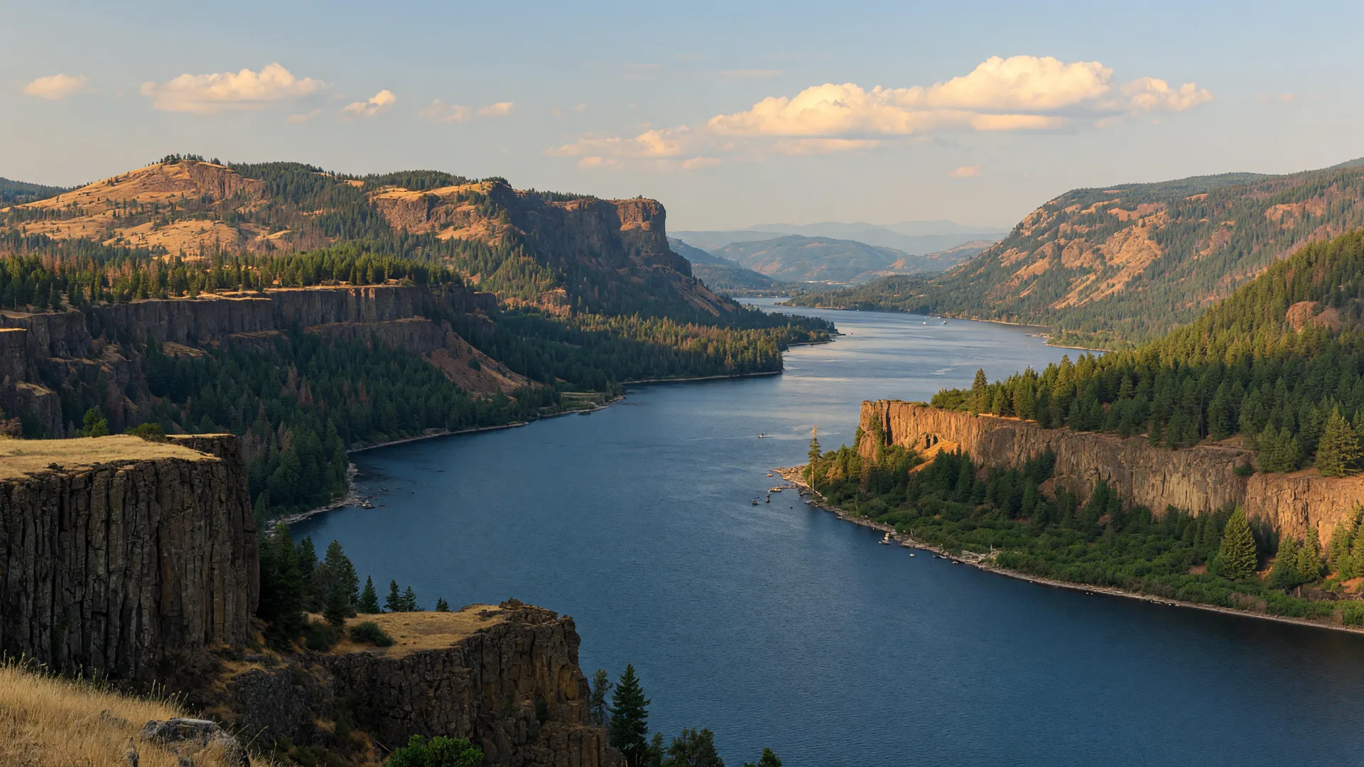 Columbia River Gorge near Washougal, Washington, river winding through basalt cliffs and pine-covered hills