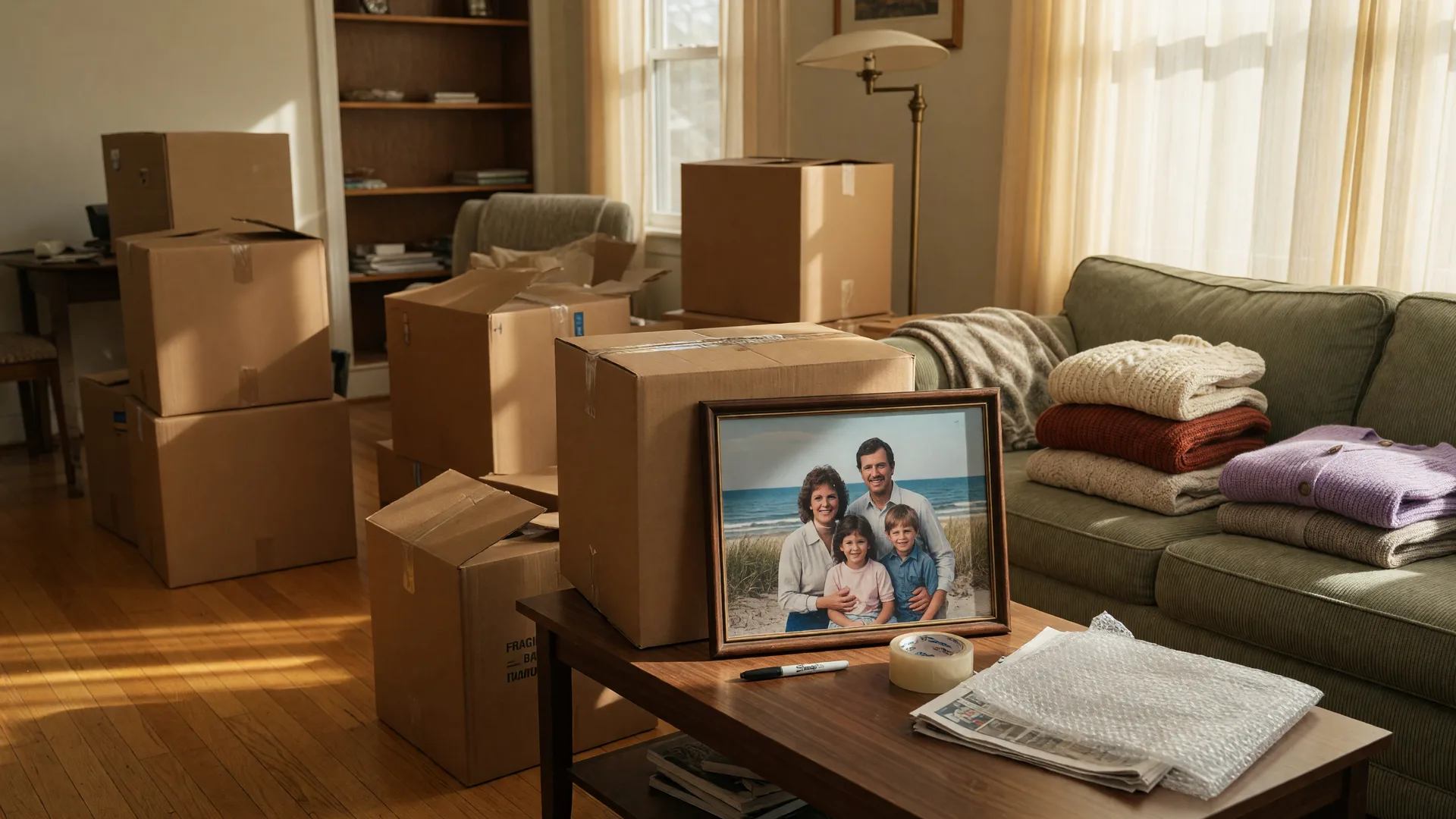 A warm still-life photograph of a Northwest Indiana living room mid-downsize with stacked cardboard moving boxes, packing tape, folded sweaters, and a framed family photo in soft afternoon light