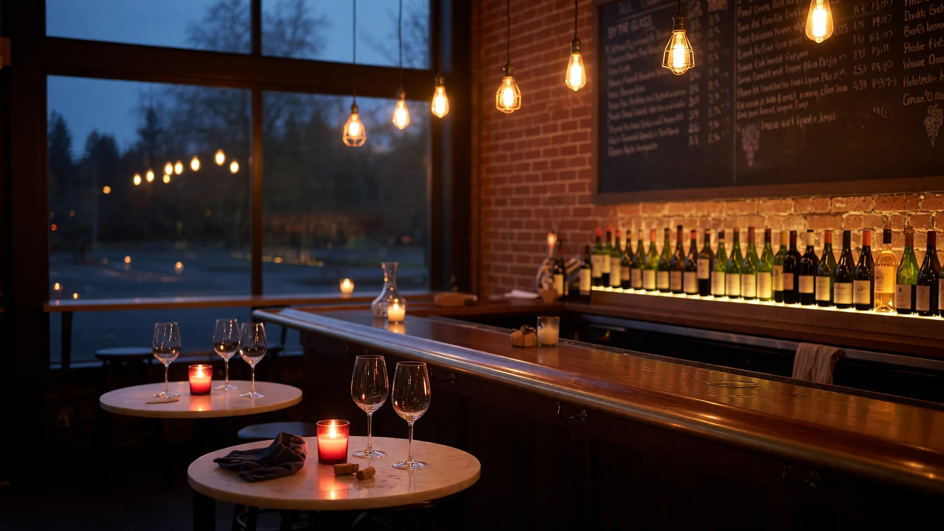 A warm, candle-lit wine bar interior with a dark wood bar, backlit wine bottles and stemmed glasses on candle-lit tables
