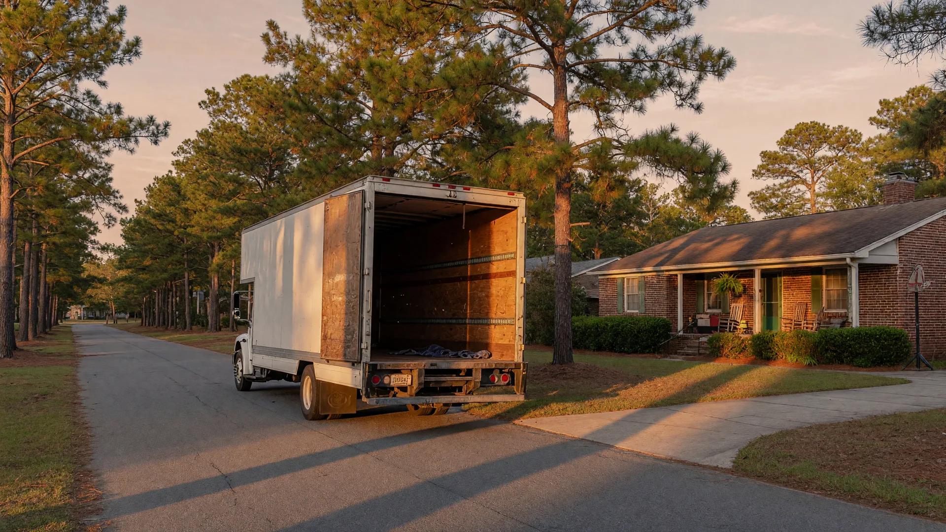 A moving truck on a pine-lined residential street in the Sandhills at golden hour