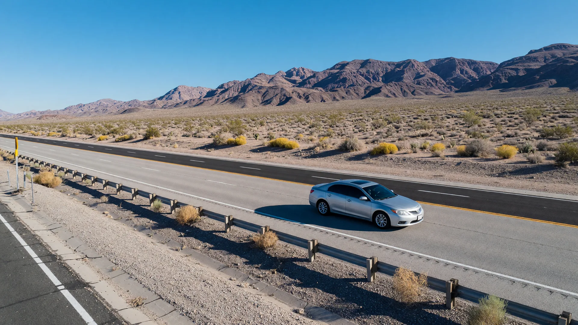 Sedan driving on an open Nevada highway with desert landscape and mountains.