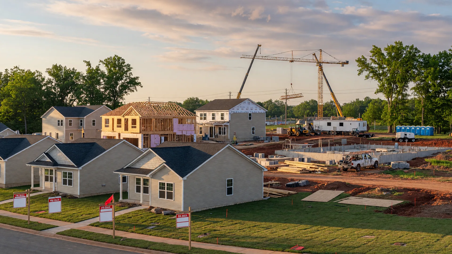 Aerial view of new construction homes in the Embrey Mill community in Stafford, Virginia with construction underway and model homes visible