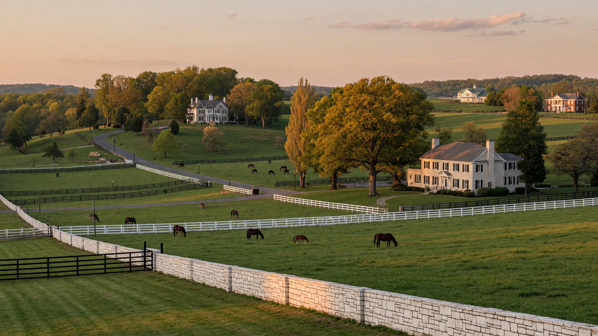 Crestwood, Kentucky's Oldham County horse country with rolling green pastures, white limestone fences, estate-style homes, and Bluegrass luxury character