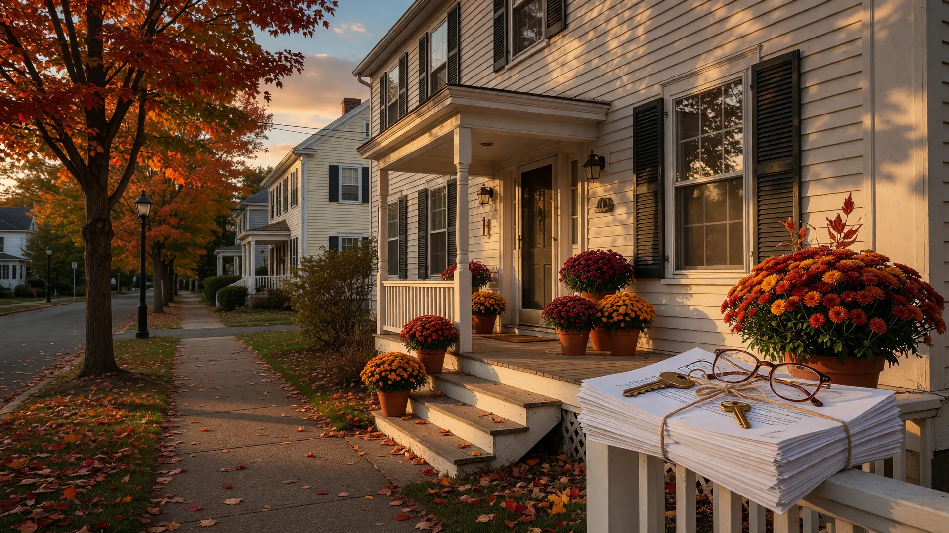 A classic white clapboard New England colonial home in a New Haven neighborhood at golden hour in mid-October, with dark shutters, autumn maples, and a twine-tied stack of estate documents with a brass key and reading glasses on the porch railing