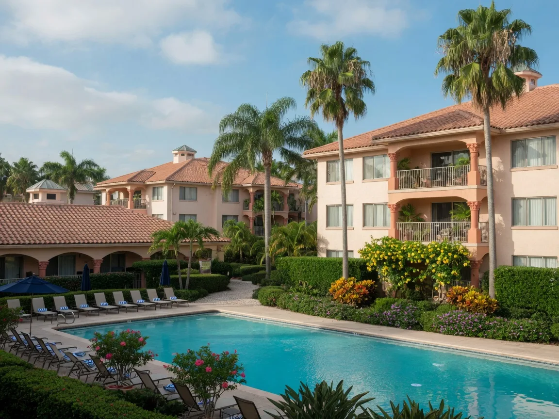North Naples condominium neighborhood with Mediterranean low-rise buildings, tall palm trees, and a resort-style pool in the foreground