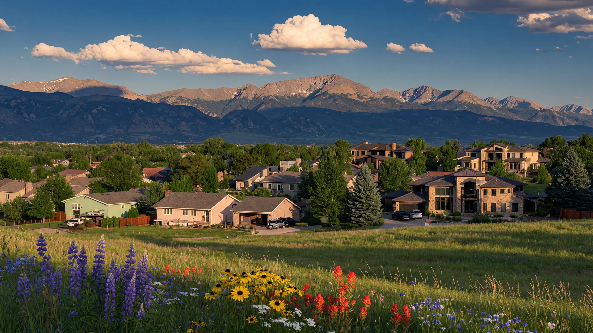 A wide view of Longmont Colorado with the Rocky Mountains in the background, showing a mix of suburban and luxury homes with open green space in the foreground.