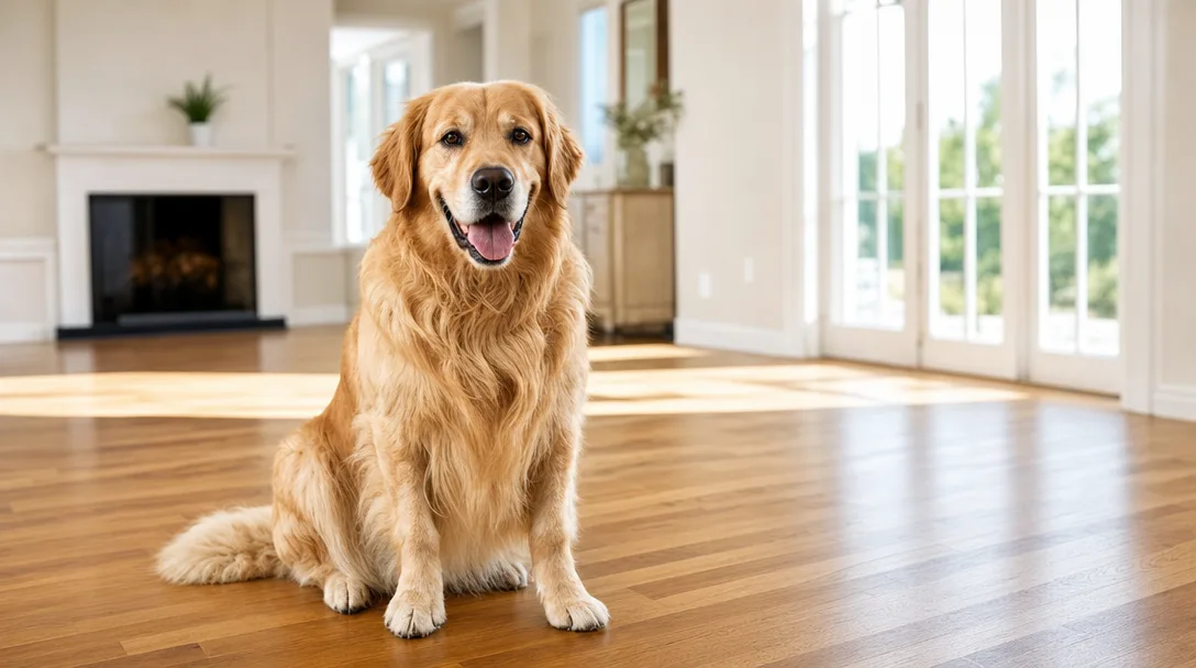 Golden retriever sitting in an empty living room during home selling preparation