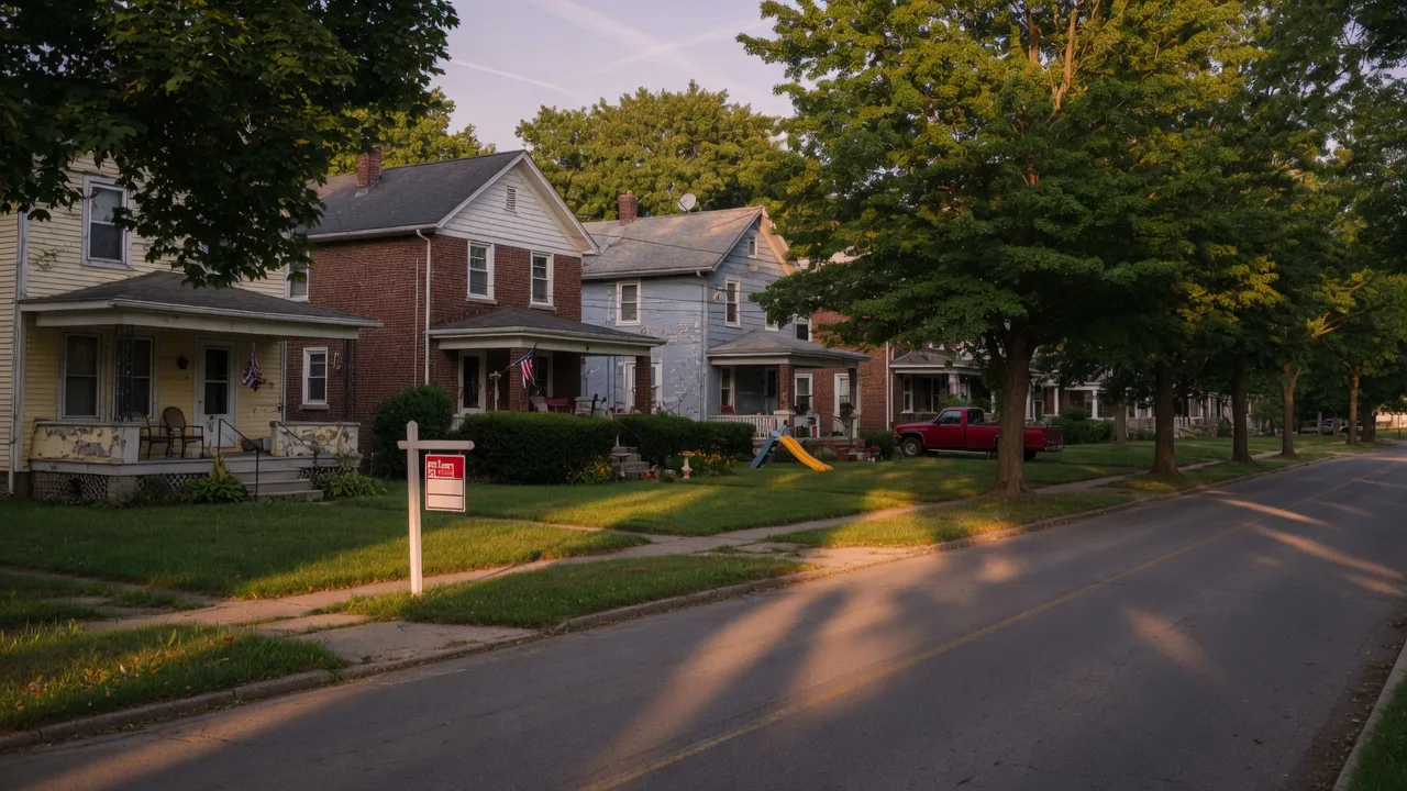 A residential street in Dayton Ohio on a late summer afternoon with a mix of well-maintained homes and properties showing signs of change
