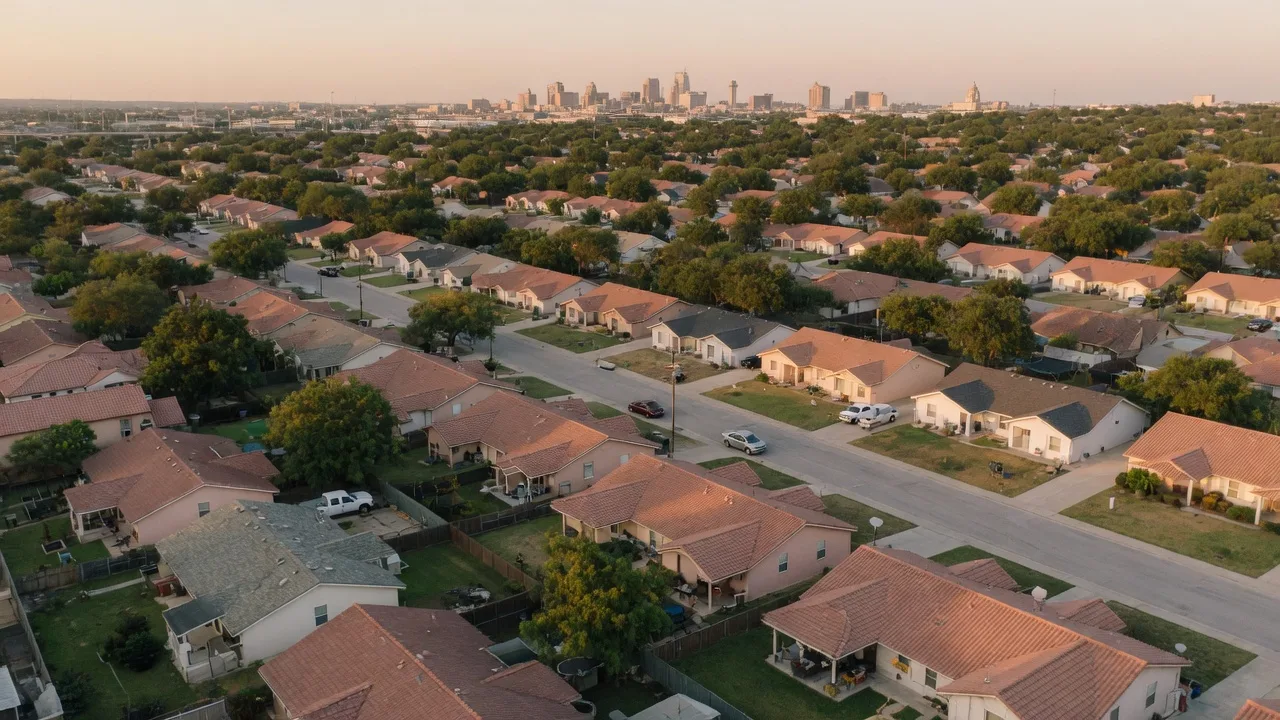 Aerial view of a San Antonio residential neighborhood at golden hour with the downtown skyline on the horizon