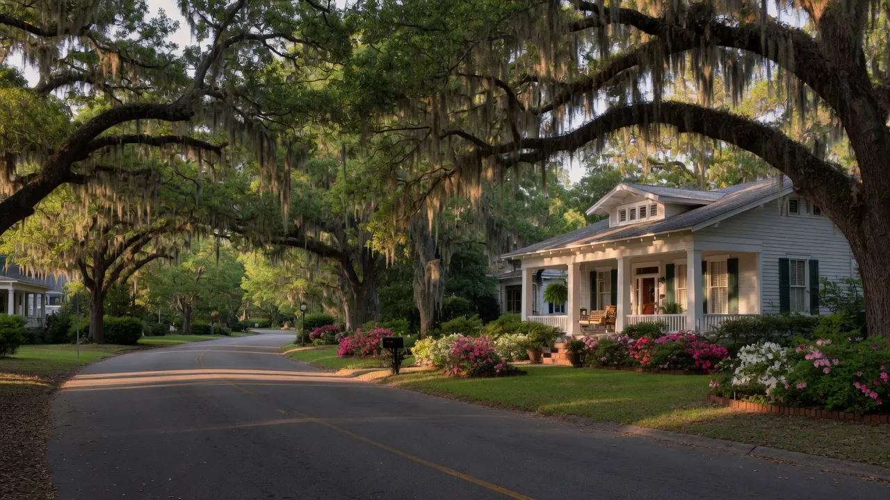 A classic Summerville street at late afternoon, live oaks draped with Spanish moss arching over the road and a craftsman home with a front porch and azaleas