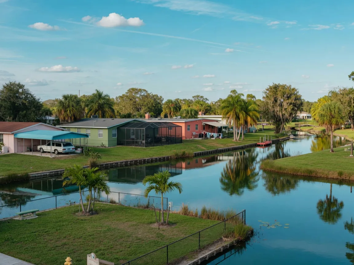 Calm lakes reflecting a bright sky, with palms and cypress-lined shores and mid-century homes near the water