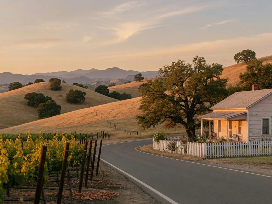 Golden foothills and a vineyard beside a country road in Ramona