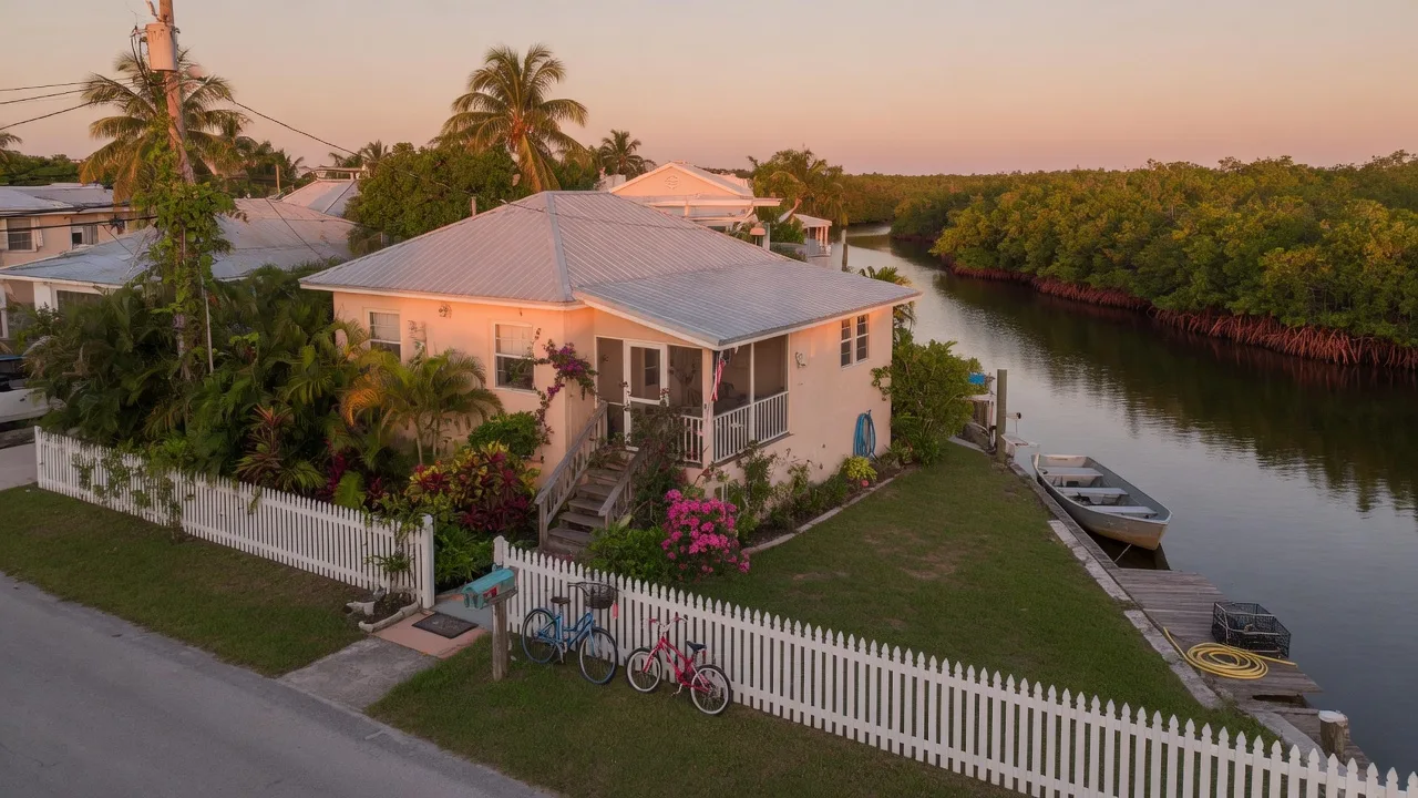 A welcoming waterfront residential street in the Upper Florida Keys at golden hour, an elevated metal-roofed Keys home with a lush tropical yard and white picket fence, bicycles by the front walk, a calm mangrove-lined canal with a small dock behind the house