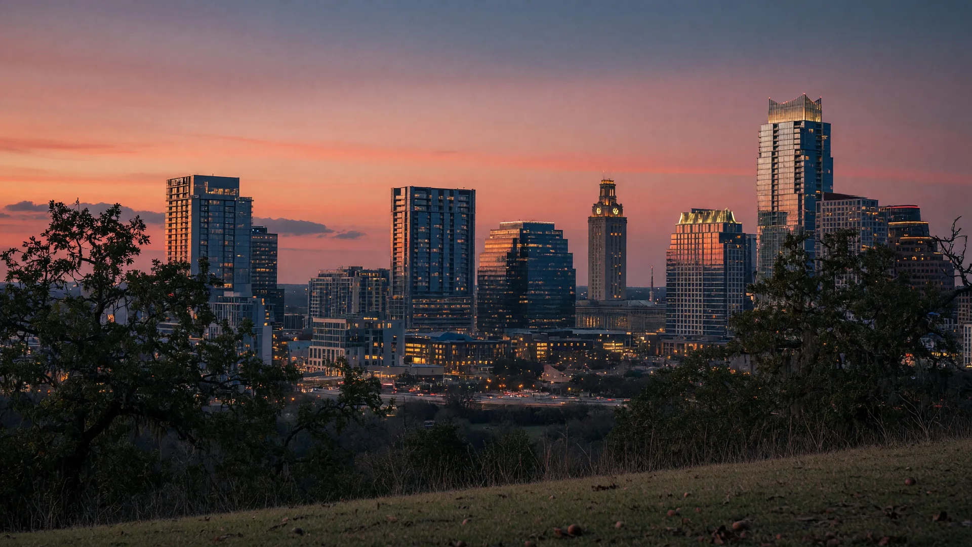 The Austin skyline glowing at dusk, the other booming Texas metro an 80-mile drive up I-35