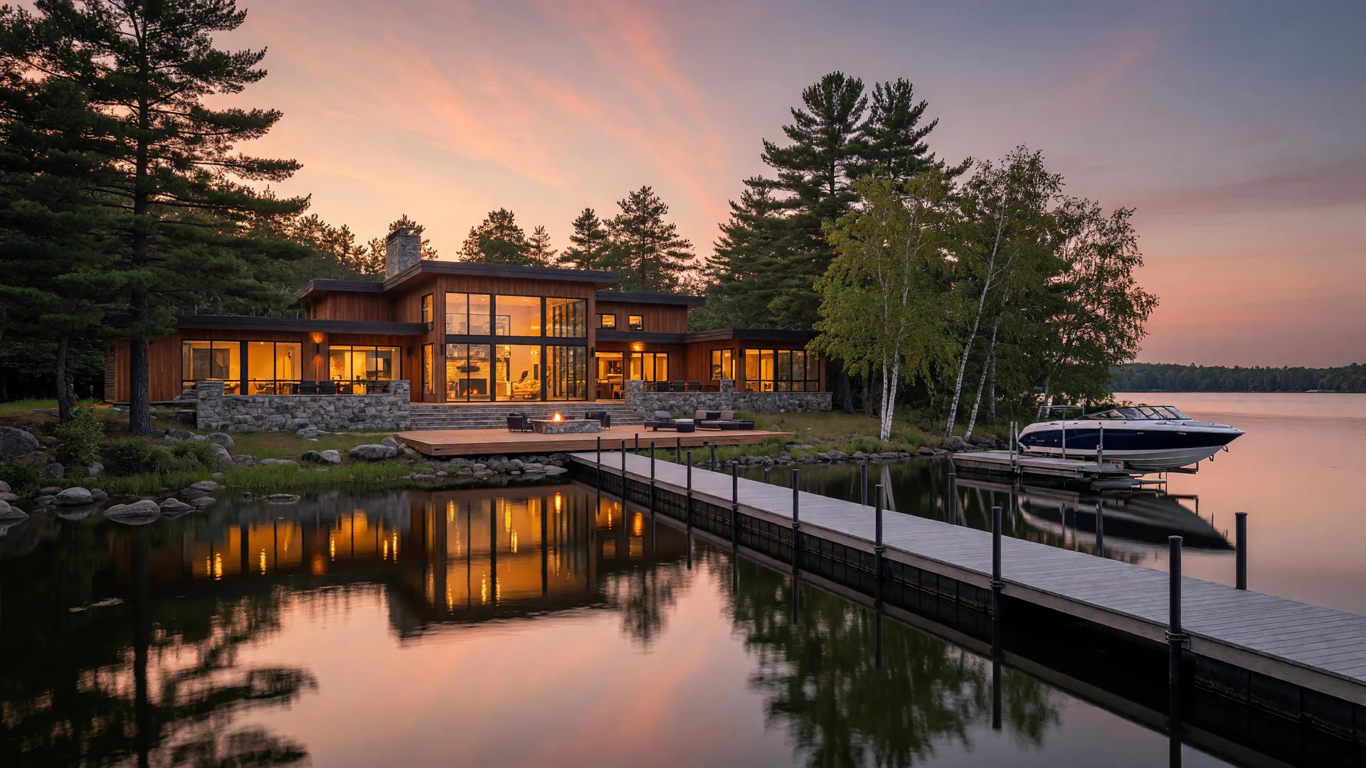 Upscale lakefront estate on a Minnesota lake at golden hour, with a private dock extending over calm water
