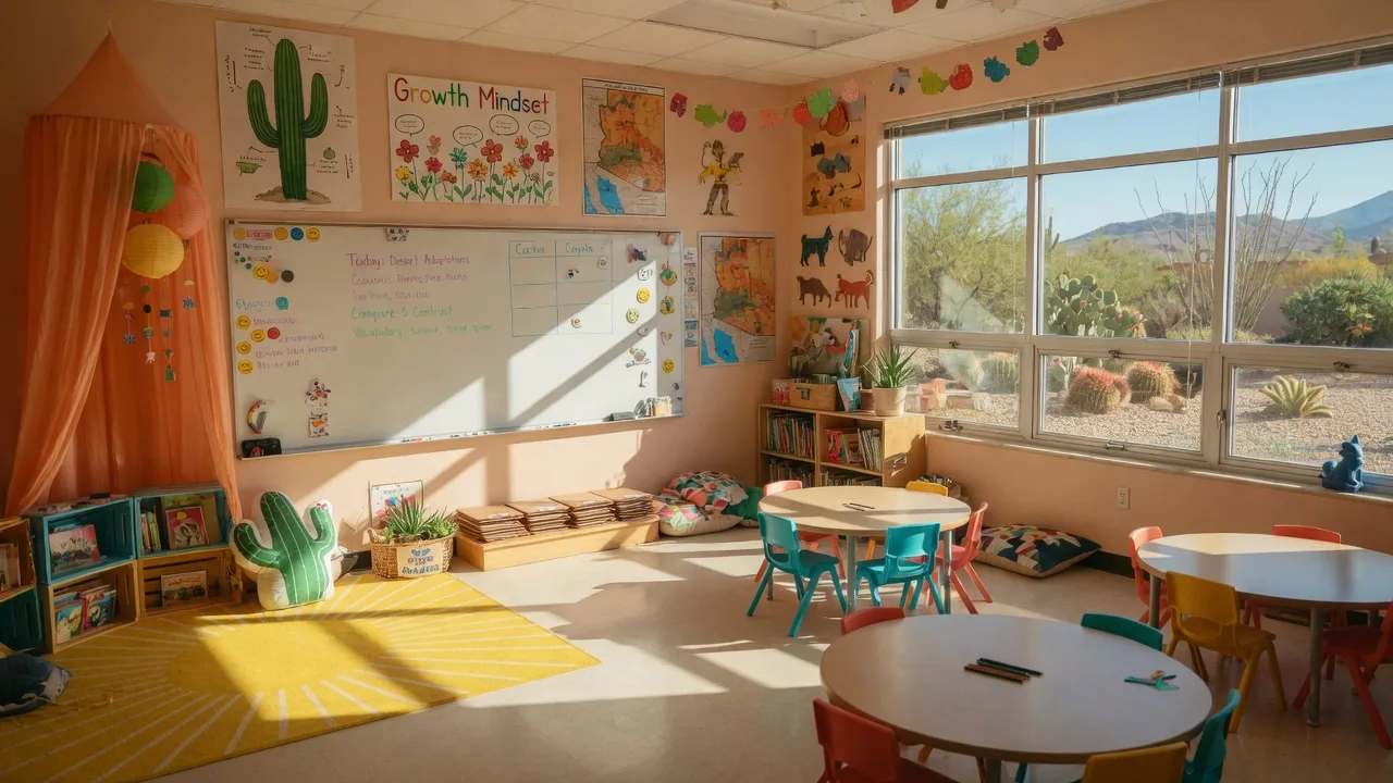 A bright, cheerful elementary school classroom with colorful posters and flexible seating