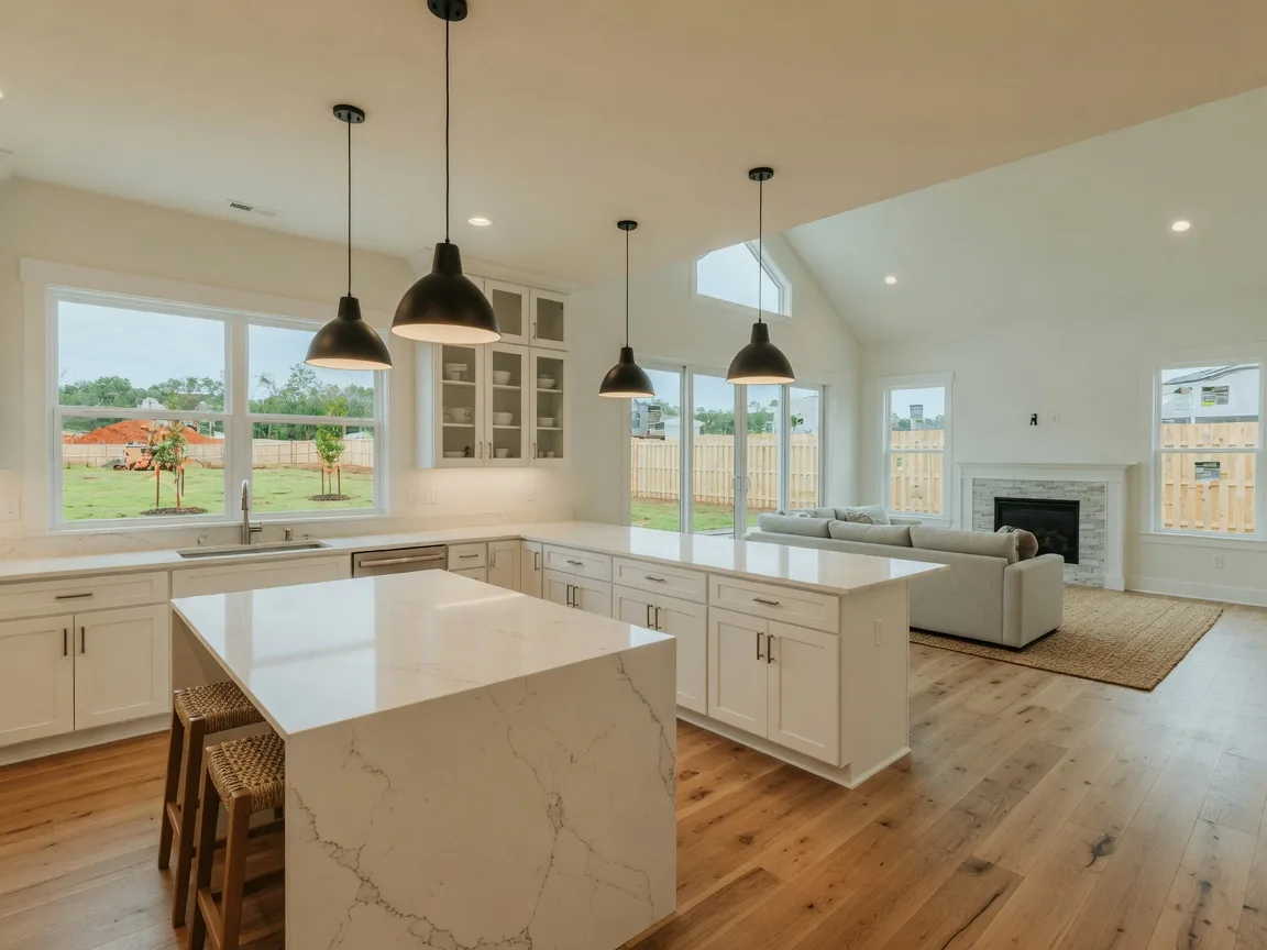 An open-concept great room and kitchen in a new construction model home in Aiken SC with white cabinets and a quartz island
