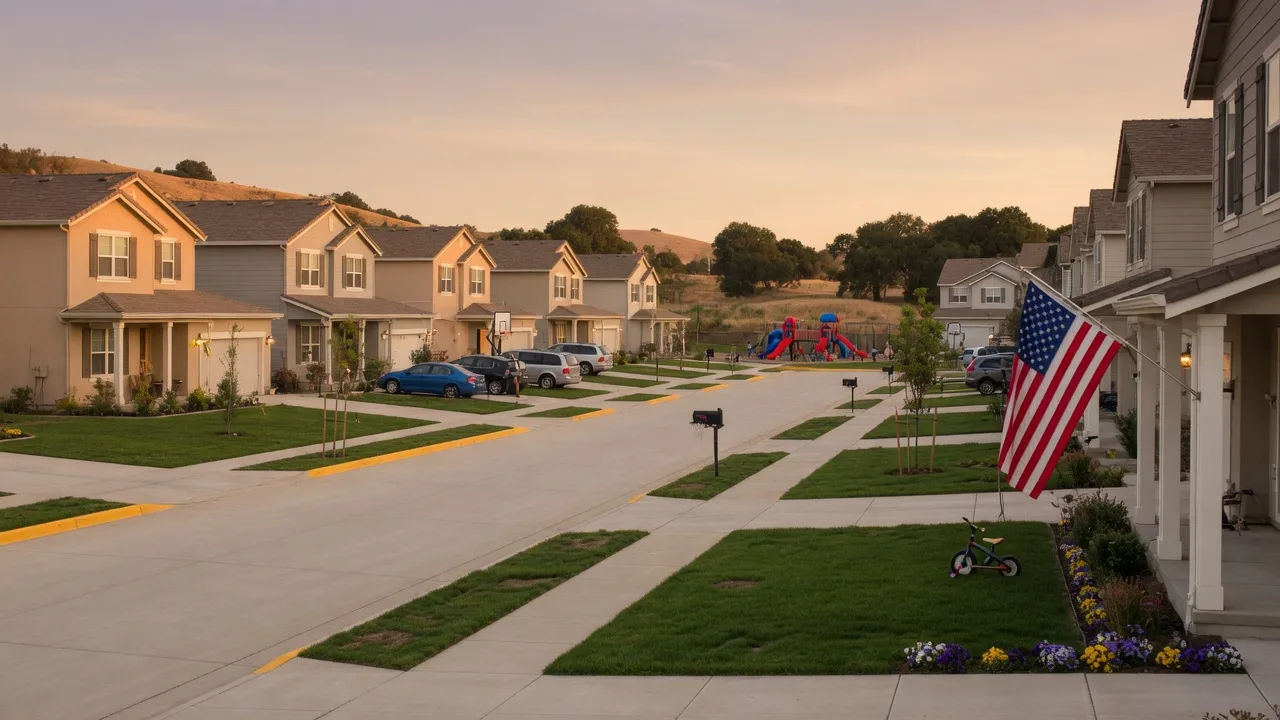 Quiet suburban street near Beale Air Force Base with newer homes and green lawns at golden hour