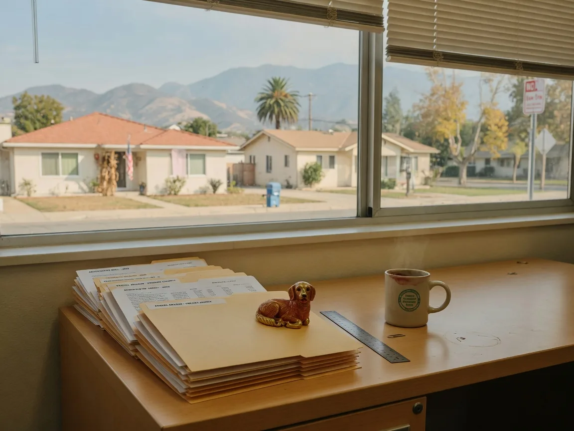 A bright county government office desk in California in late October with a neat stack of assessment documents in manila folders, a steel ruler, and a mug of coffee, a Central Valley street of stucco homes and hazy Sierra foothills visible through the window