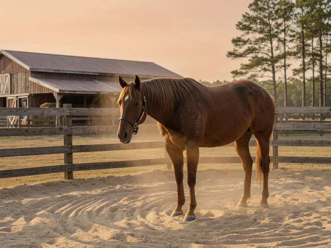A calm stock-type horse standing in a sandy round pen with warm raking light, a split-rail fence and a low barn blurred behind it