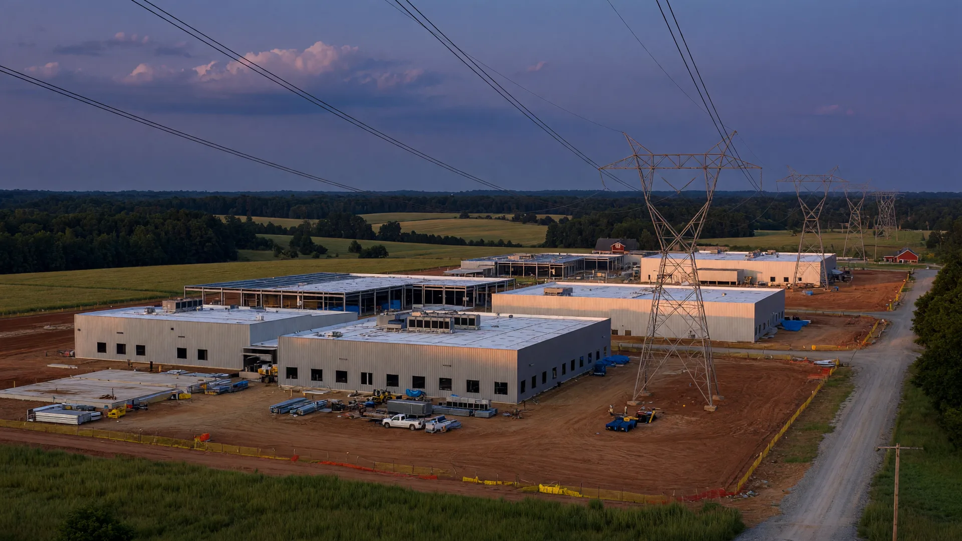 A modern data center campus under construction on cleared land in rural Virginia at dusk, with transmission towers crossing the foreground and forest on the horizon