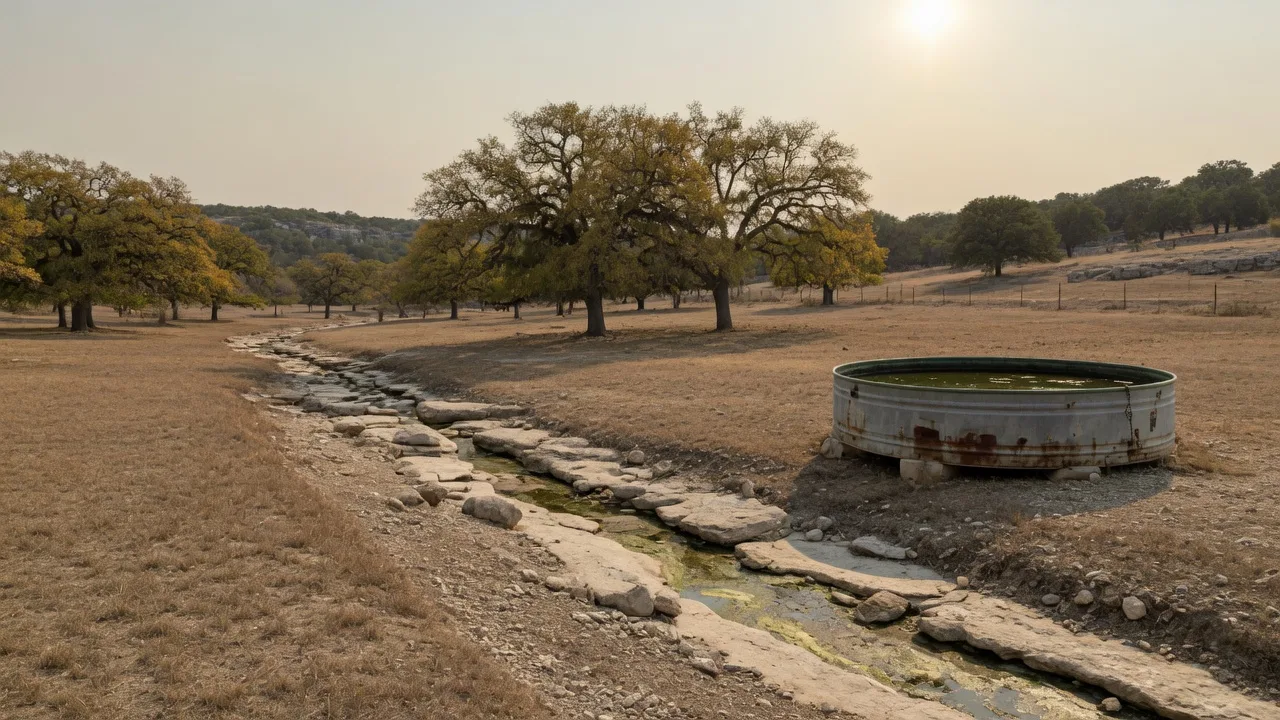 Hill Country property during drought conditions showing water supply stress