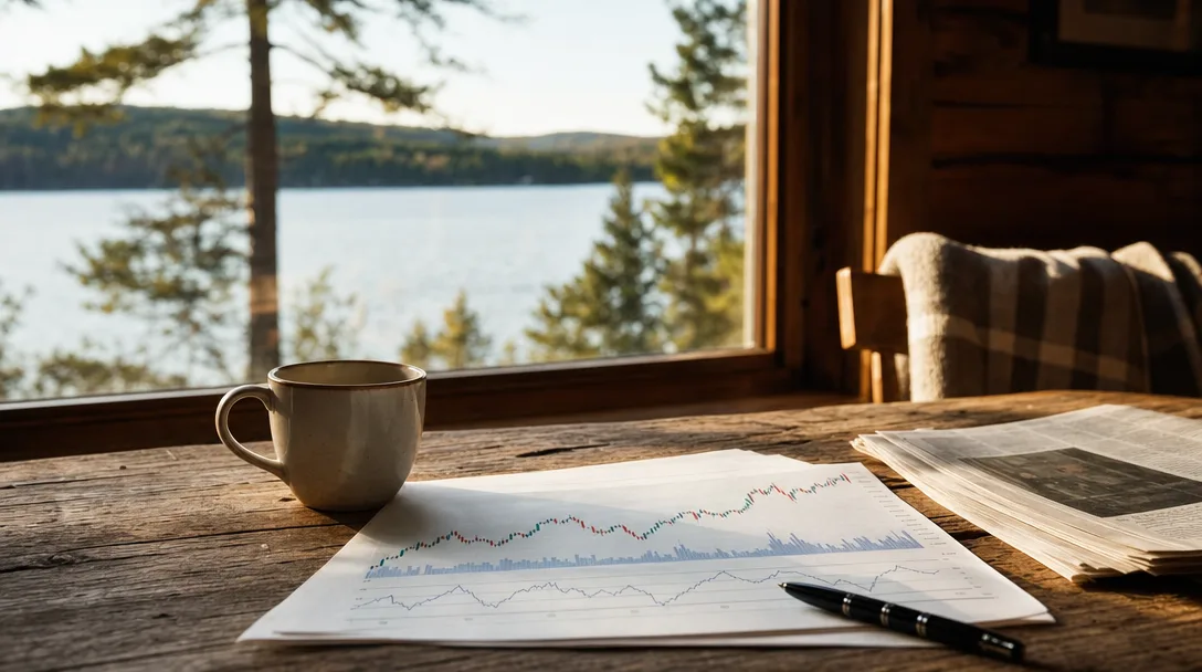 Financial documents and coffee on a cabin table overlooking a lake