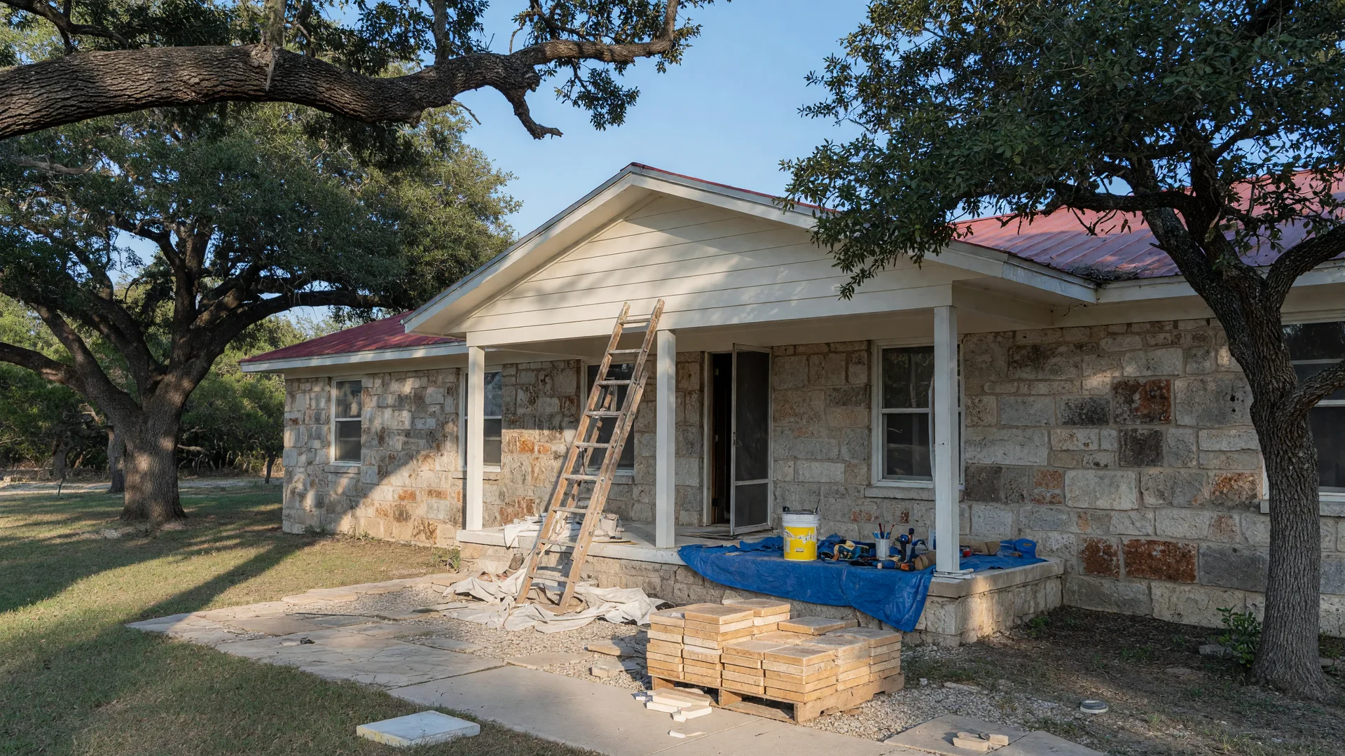 Texas Hill Country home mid-renovation with fresh paint, a ladder, and mature live oaks in morning light