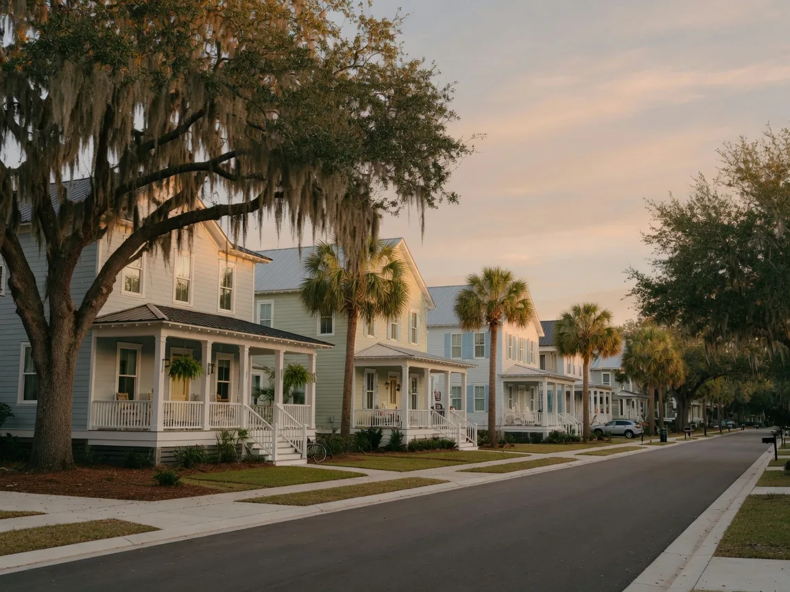 A new coastal Georgia neighborhood street lined with Lowcountry homes and Spanish moss, lit by warm late-afternoon light