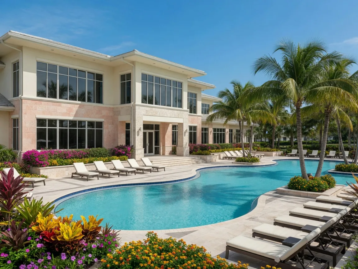 Renovated clubhouse and resort pool with palms at Huntington Pointe in Delray Beach