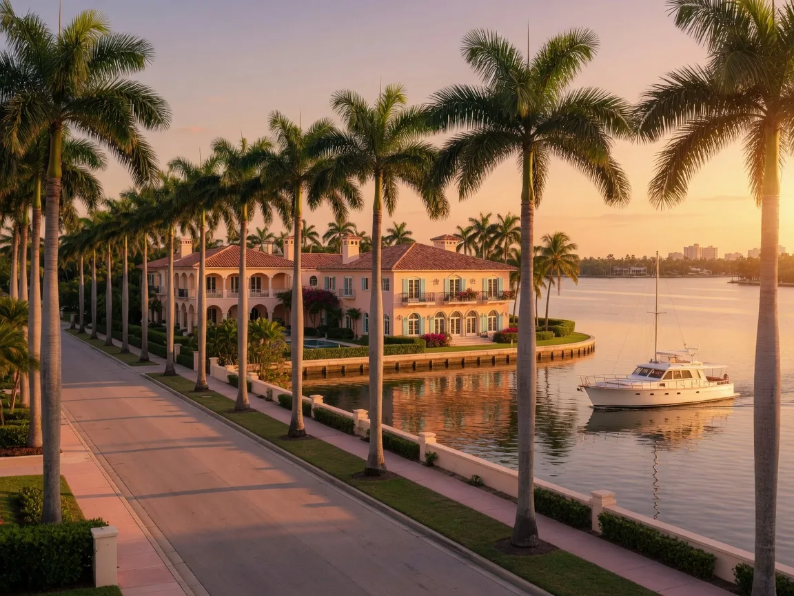 A royal-palm boulevard along the Lake Worth lagoon in Palm Beach at golden hour, with Mediterranean mansions and a yacht on calm water